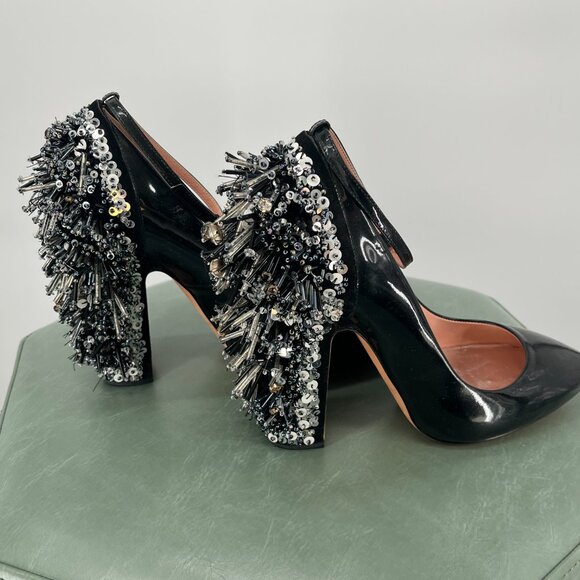 2010 ROCHAS Rare Black Metal Fringe Studded Heels in Size 39 - Picture 6 of 9